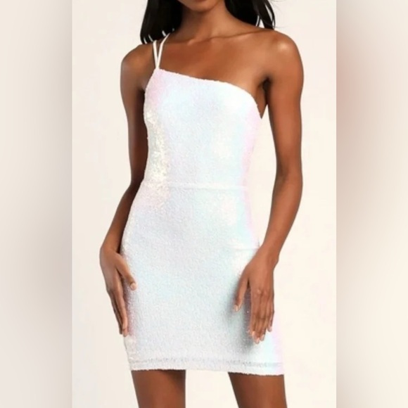 Lulus Dresses & Skirts - Lulus Limelight Vision White Iridescent Sequin One Shoulder Mini Dress XL Prom